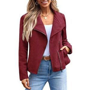 Women Faux Leather Cropped Open Front Coat Cardigan Style Jacket Red